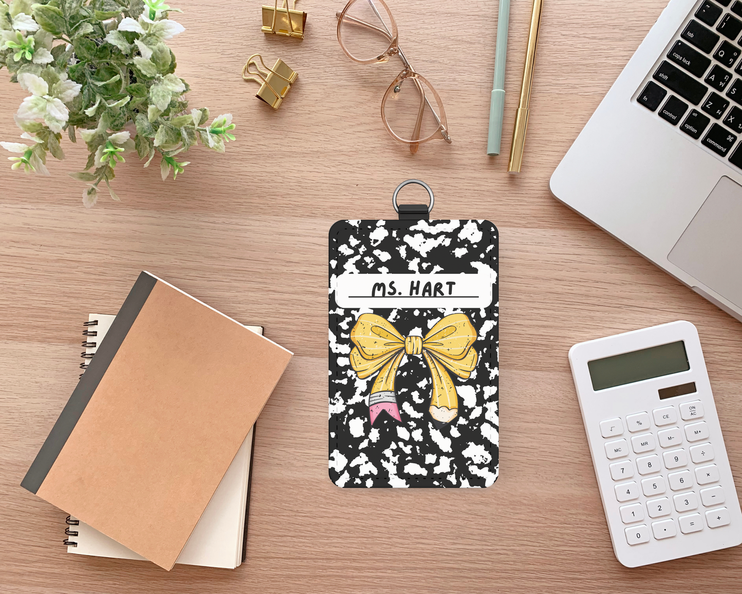 Personalized Coquette Composition Notebook ID Badge Holder – Custom Name Tag with Yellow Bow for Teachers
