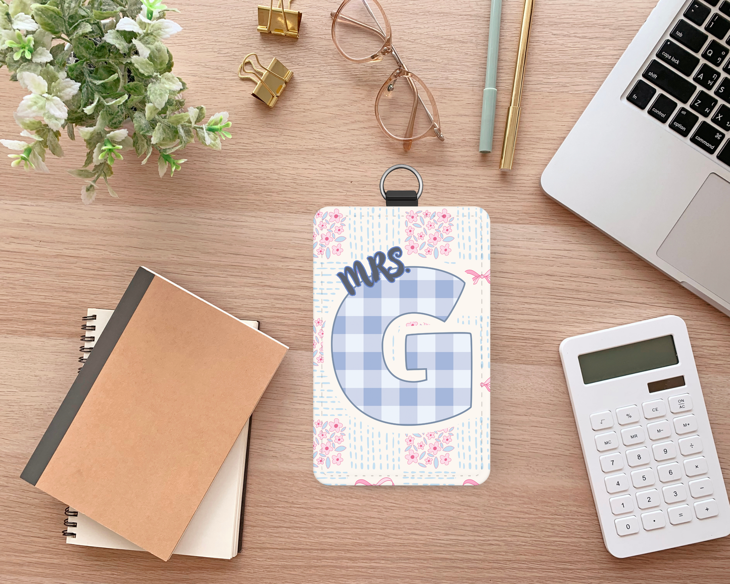 Personalized Gingham Monogram ID Badge Holder – Custom Floral Name Tag for Teachers & Staff