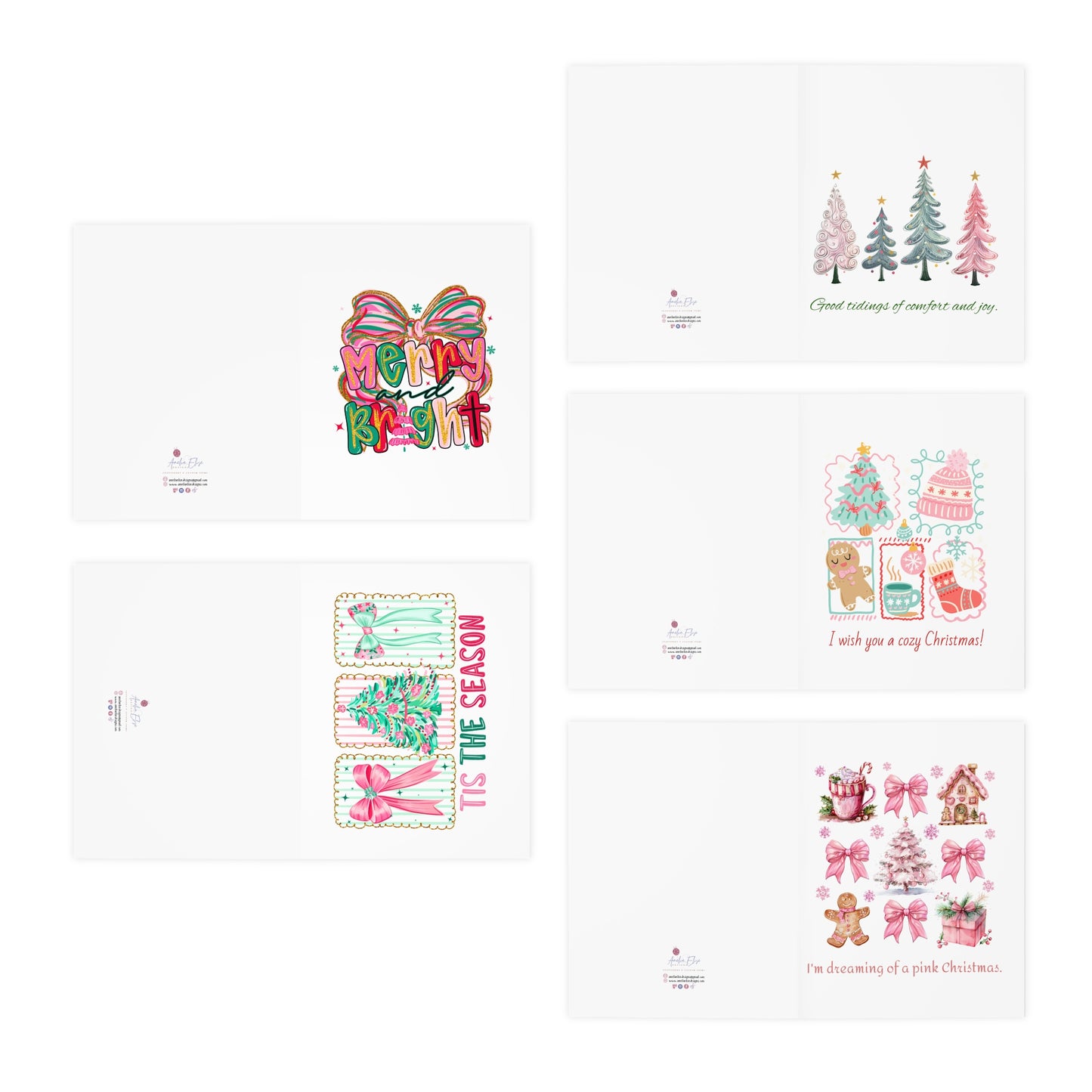 Whimsical Christmas Greeting Cards – Cozy Pastel Holiday Set with Envelopes | Merry & Bright, Pink Christmas, and Seasonal Cheer (5-Pack)