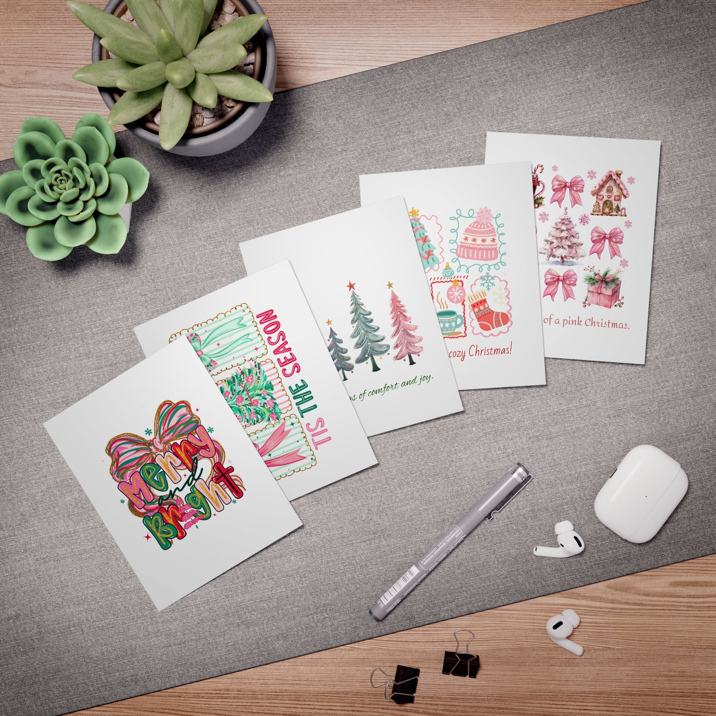 Whimsical Christmas Greeting Cards – Cozy Pastel Holiday Set with Envelopes | Merry & Bright, Pink Christmas, and Seasonal Cheer (5-Pack)