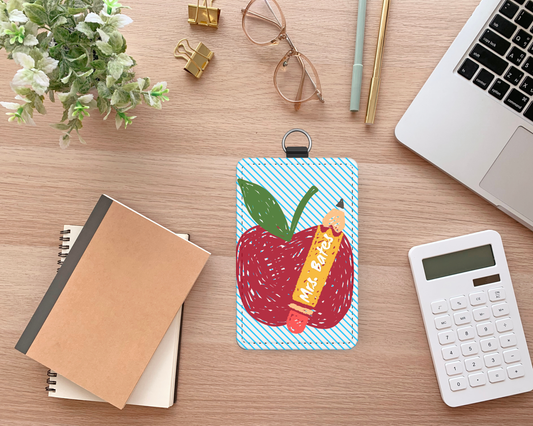 Personalized Teacher Apple ID Badge Holder – Custom Pencil Name Tag for Educators
