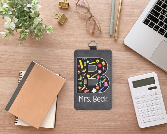 Personalized School Supply Monogram ID Badge Holder – Custom Chalkboard Teacher Name Tag