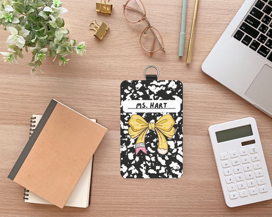 Personalized Coquette Composition Notebook ID Badge Holder – Custom Name Tag with Yellow Bow for Teachers