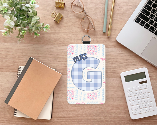 Personalized Gingham Monogram ID Badge Holder – Custom Floral Name Tag for Teachers & Staff