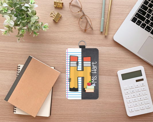 Personalized Teacher Monogram ID Badge Holder – Notebook & Chalkboard Theme with Pencil Initial