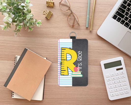 Personalized Ruler Monogram ID Badge Holder – Custom Teacher Name Tag with Notebook and Chalkboard Design
