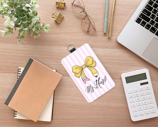 Personalized Coquette ID Badge Holder – Pink Stripes & Pencil Bow Name Tag for Teachers or Staff